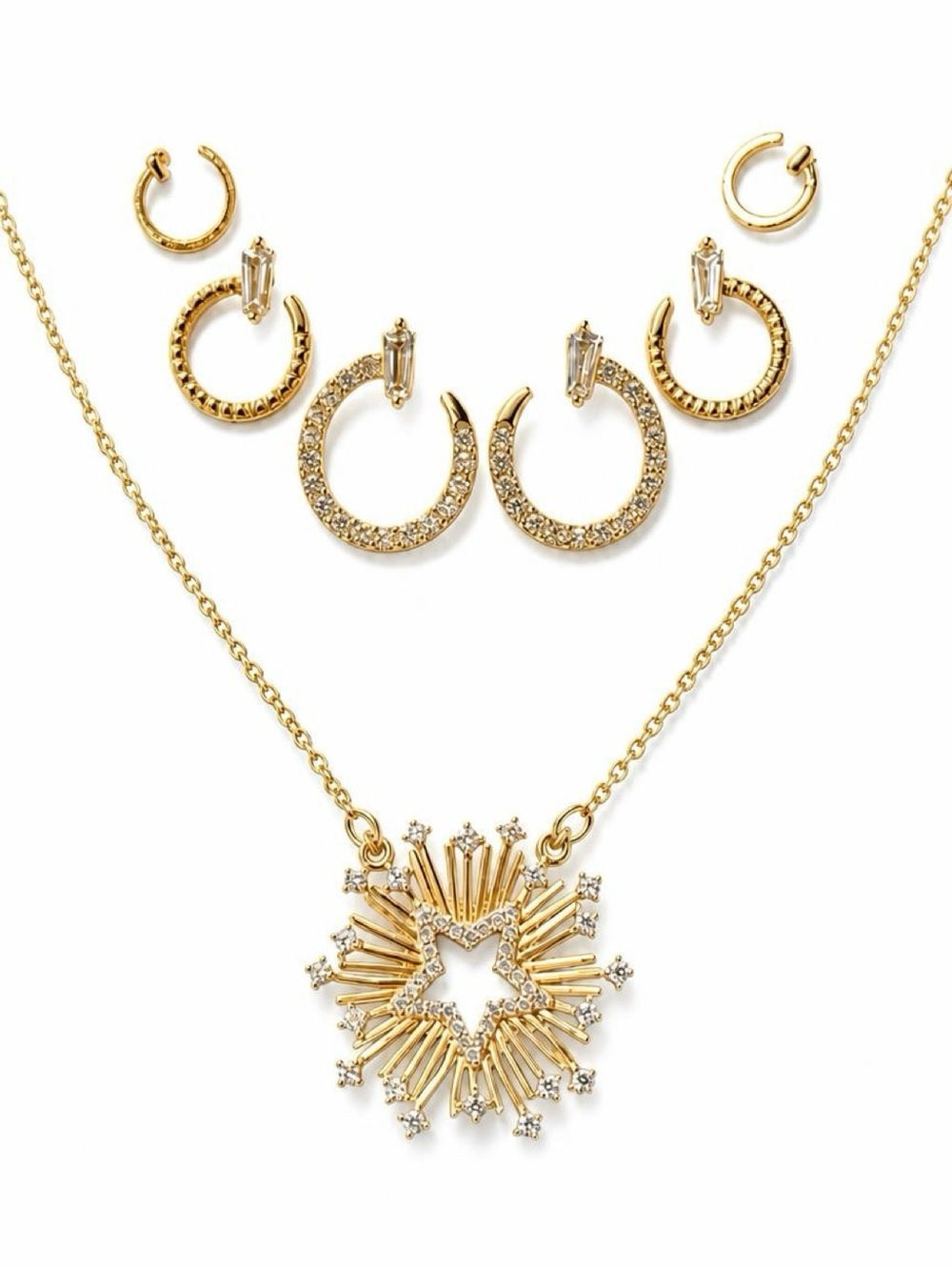 Gold tone Starburst Pendant Necklace with Matching Gold Hoop set